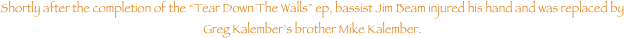 Shortly after the completion of the ���Tear Down The Walls��� ep, bassist Jim Beam injured his hand and was replaced by Greg Kalember���s brother Mike Kalember.